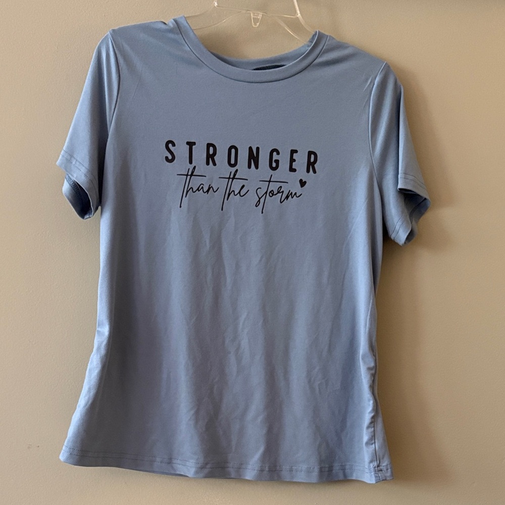 SHEIN Light Blue 'Stronger Than The Storm' Short Sleeve Tee